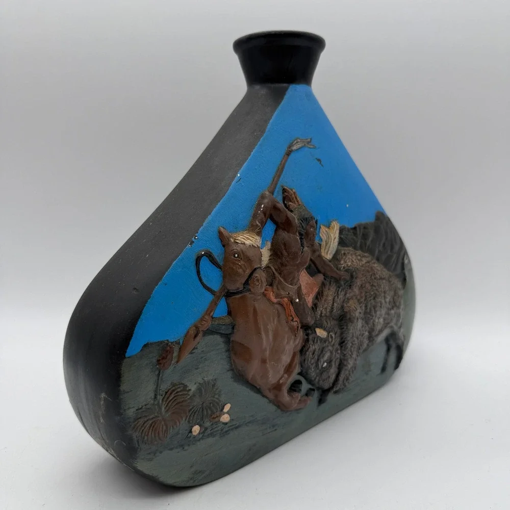 Buffalo Hunt Relief Vase Hand Painted Native American Style Black Blue 9in Art